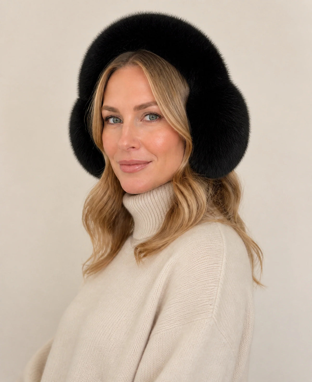 Women's Genuine Fox Fur Earmuffs - Plush Concealed Headband – Color: Natural Black on-model lifestyle image