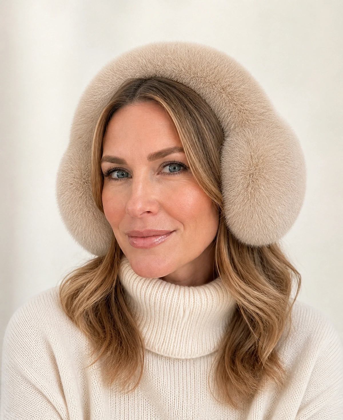 Women's Genuine Fox Fur Earmuffs - Plush Concealed Headband – Color: Natural Taupe on-model lifestyle image
