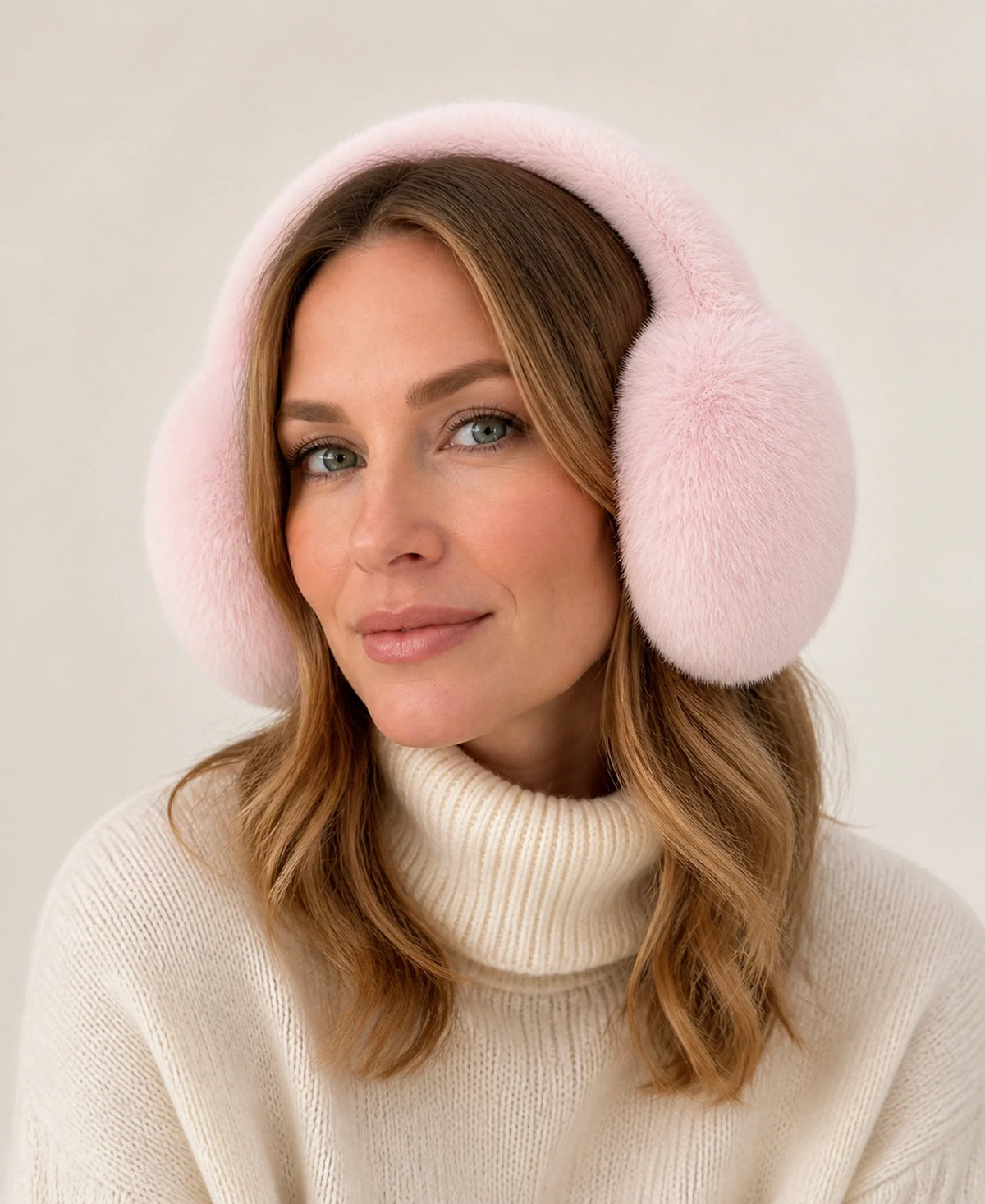 Women's Genuine Fox Fur Earmuffs - Plush Concealed Headband – Color: Powder Pink on-model lifestyle image