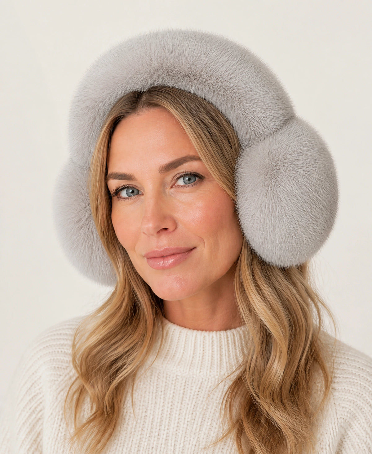 Women's Genuine Fox Fur Earmuffs - Plush Concealed Headband – Color: Silver Gray on-model lifestyle image