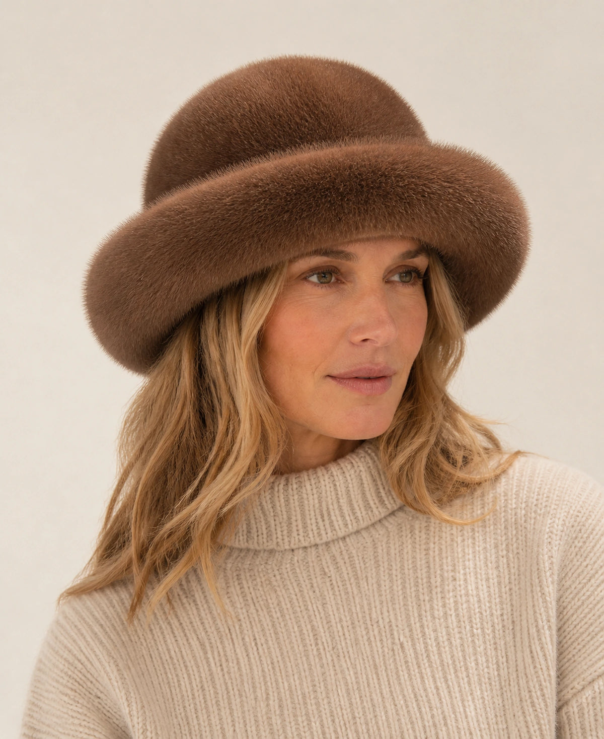 Genuine Mink & Fox Fur Bucket Hat - Plush Winter Brim – Color: Dark Brown on-model lifestyle image