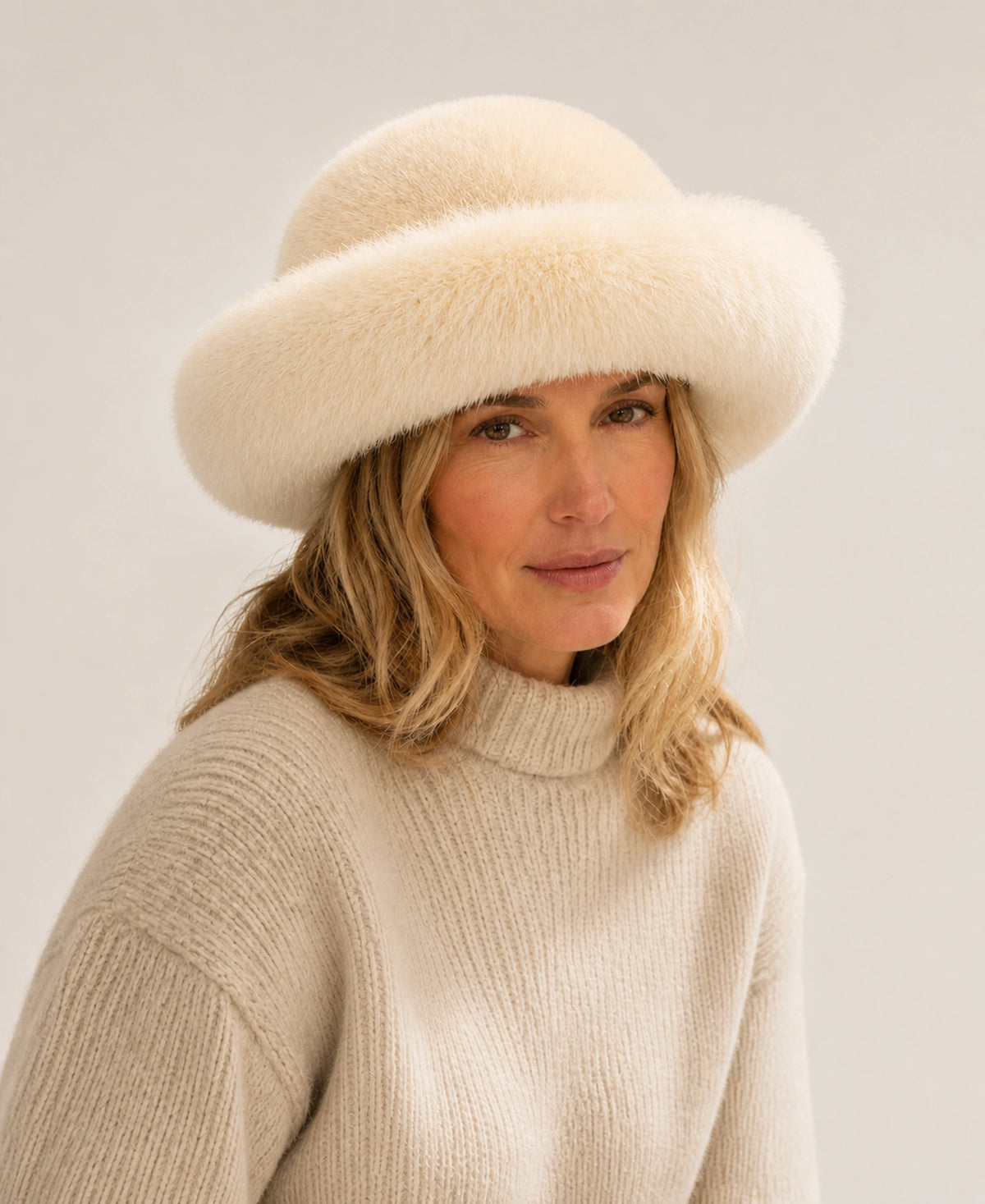 Genuine Mink & Fox Fur Bucket Hat - Plush Winter Brim – Color: Ivory Cream on-model lifestyle image