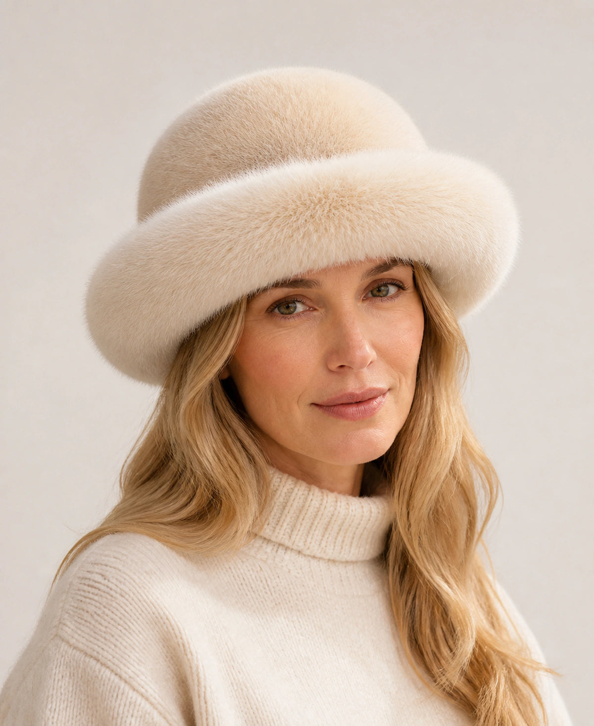 Genuine Mink & Fox Fur Bucket Hat - Plush Winter Brim – Color: Ivory White on-model lifestyle image