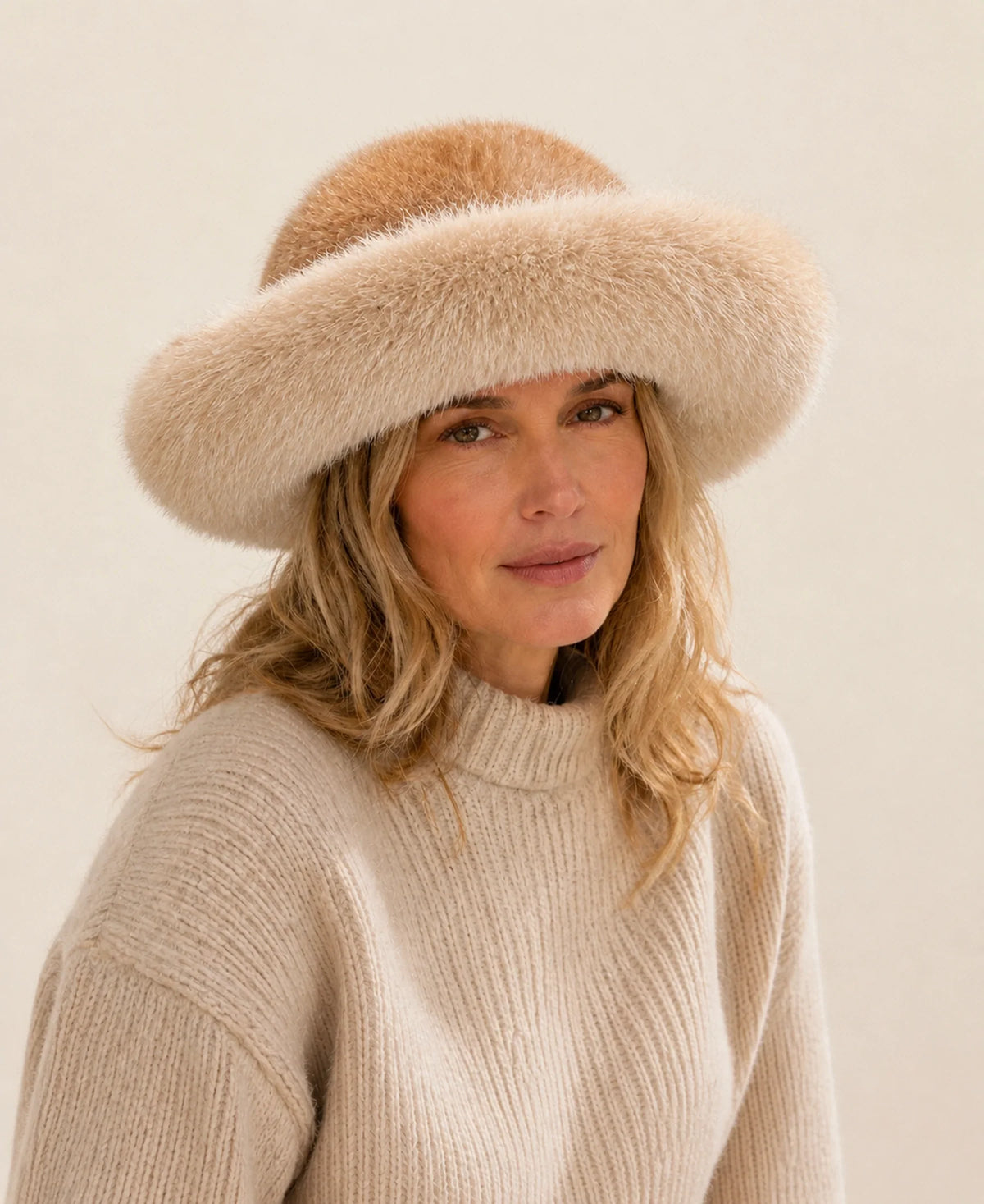 Genuine Mink & Fox Fur Bucket Hat - Plush Winter Brim – Color: Light Brown on-model lifestyle image