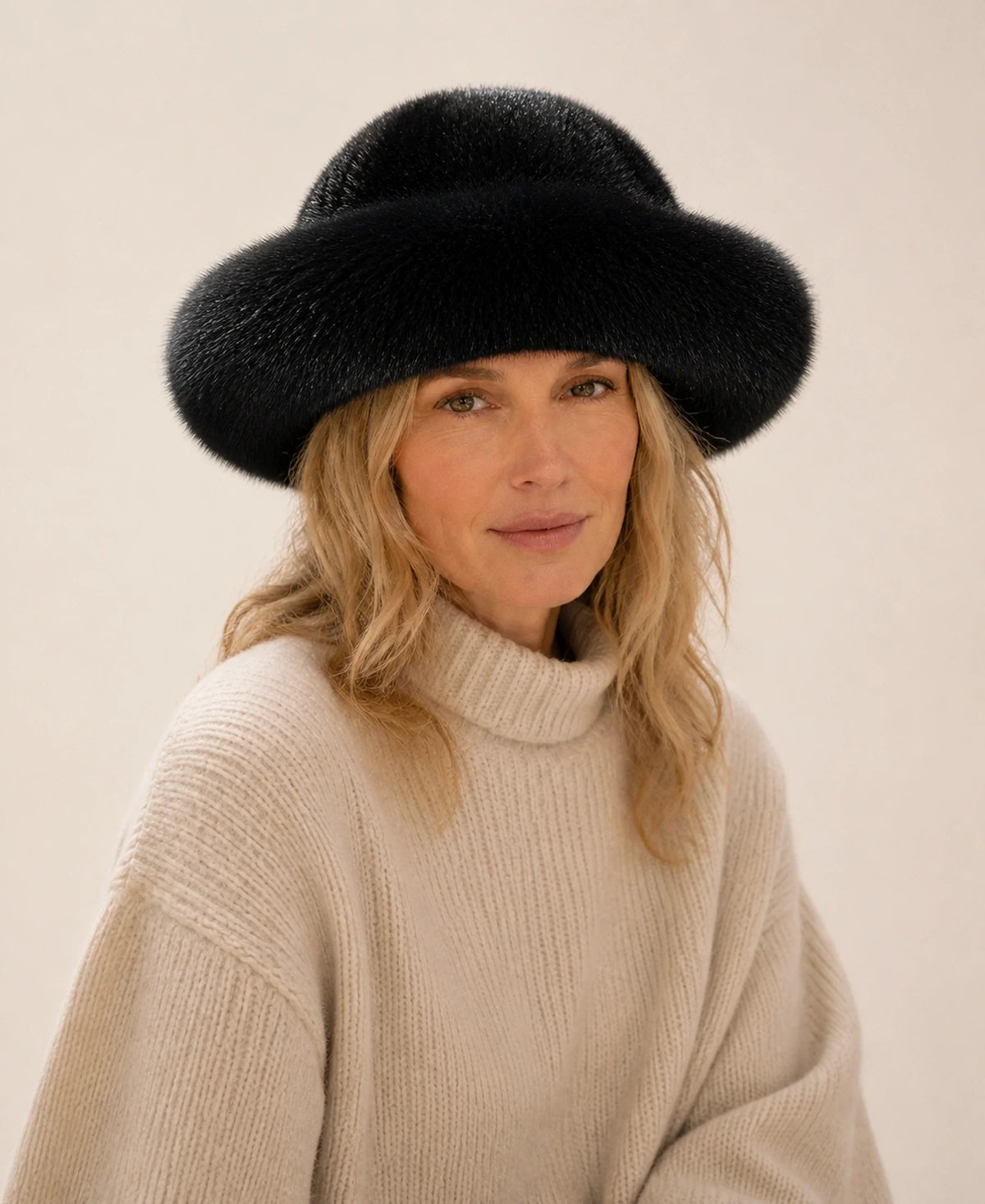 Genuine Mink & Fox Fur Bucket Hat - Plush Winter Brim – Color: Natural Black on-model lifestyle image