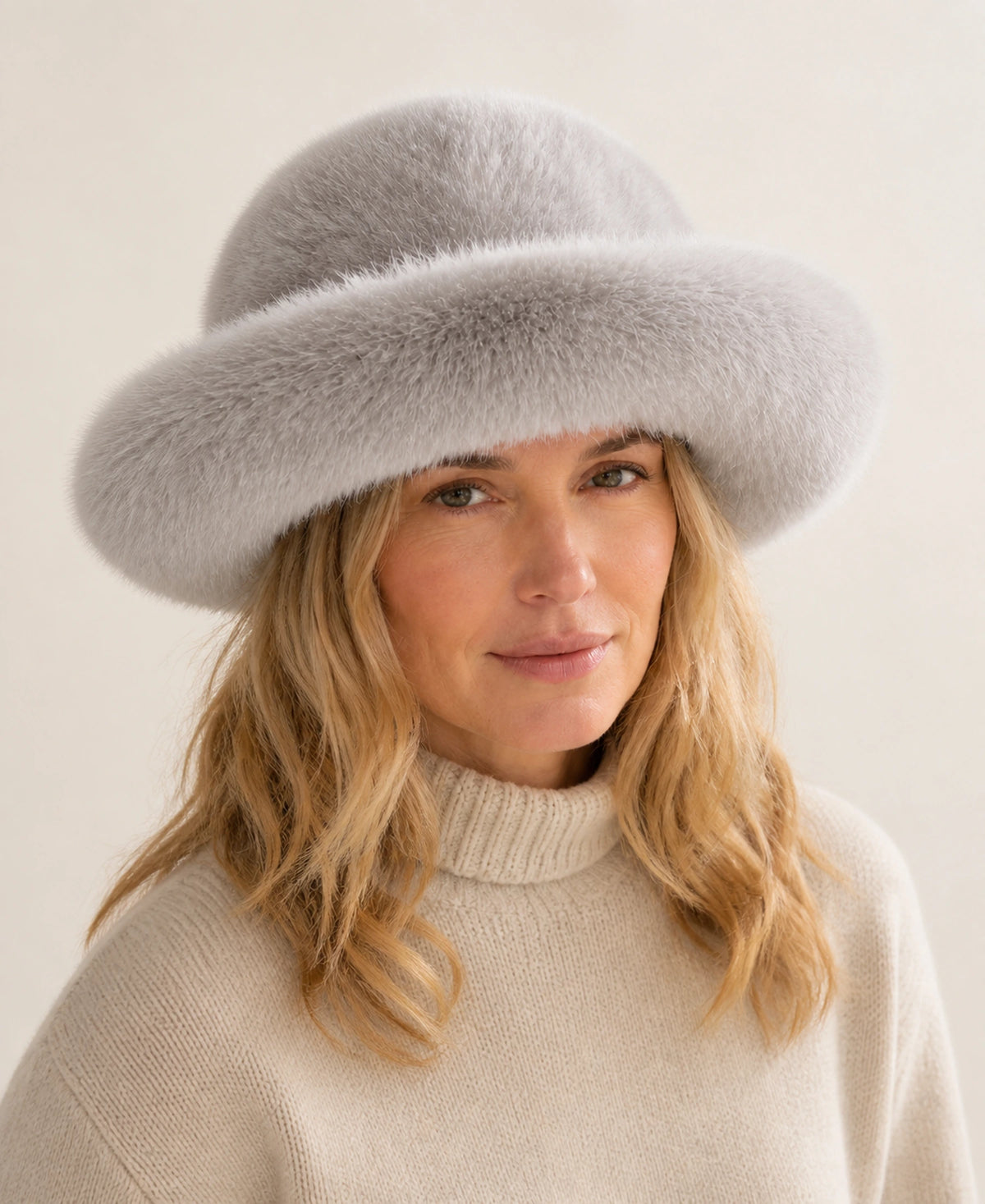 Genuine Mink & Fox Fur Bucket Hat - Plush Winter Brim – Color: Silver Gray on-model lifestyle image