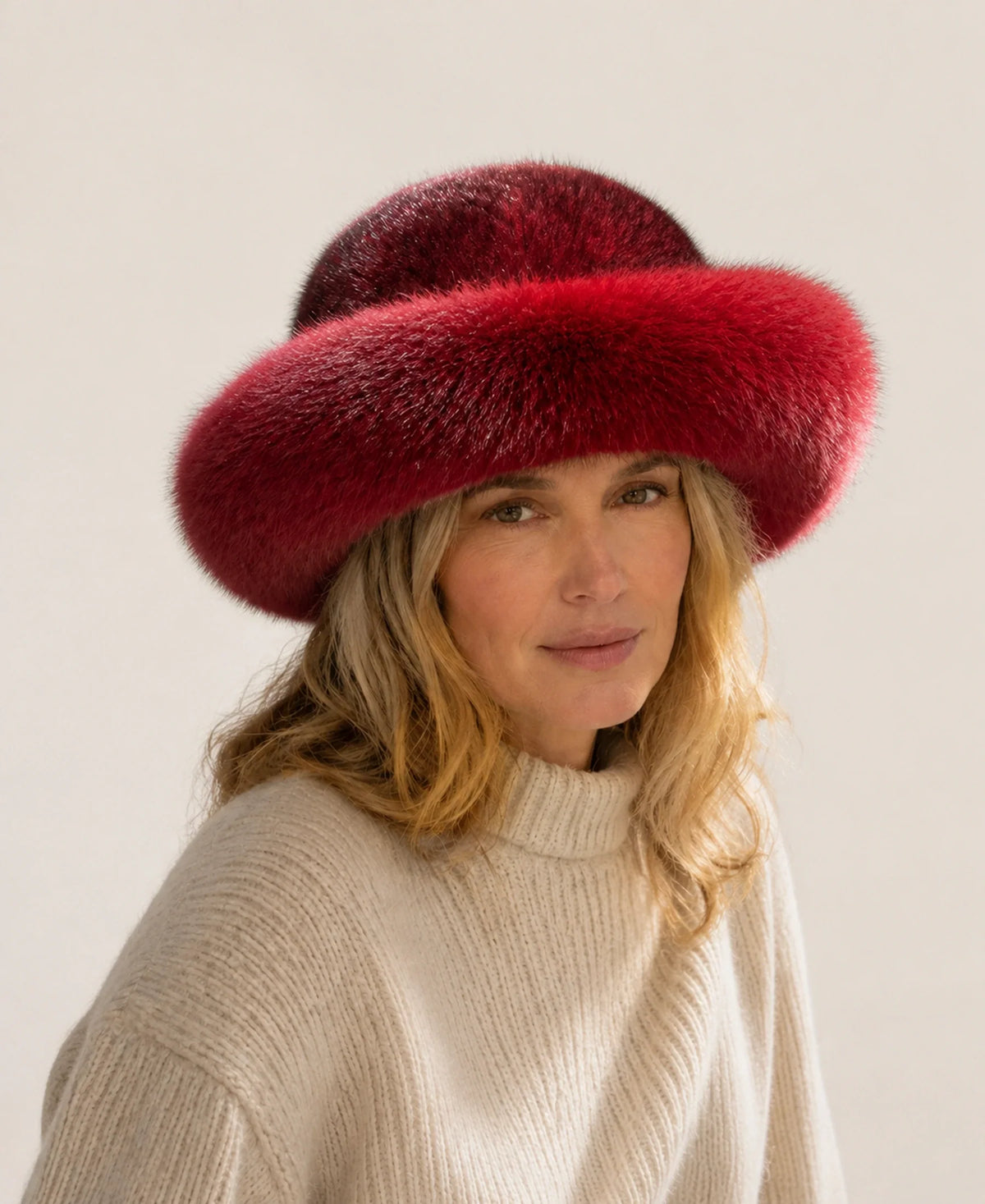 Genuine Mink & Fox Fur Bucket Hat - Plush Winter Brim – Color: Wine Red on-model lifestyle image