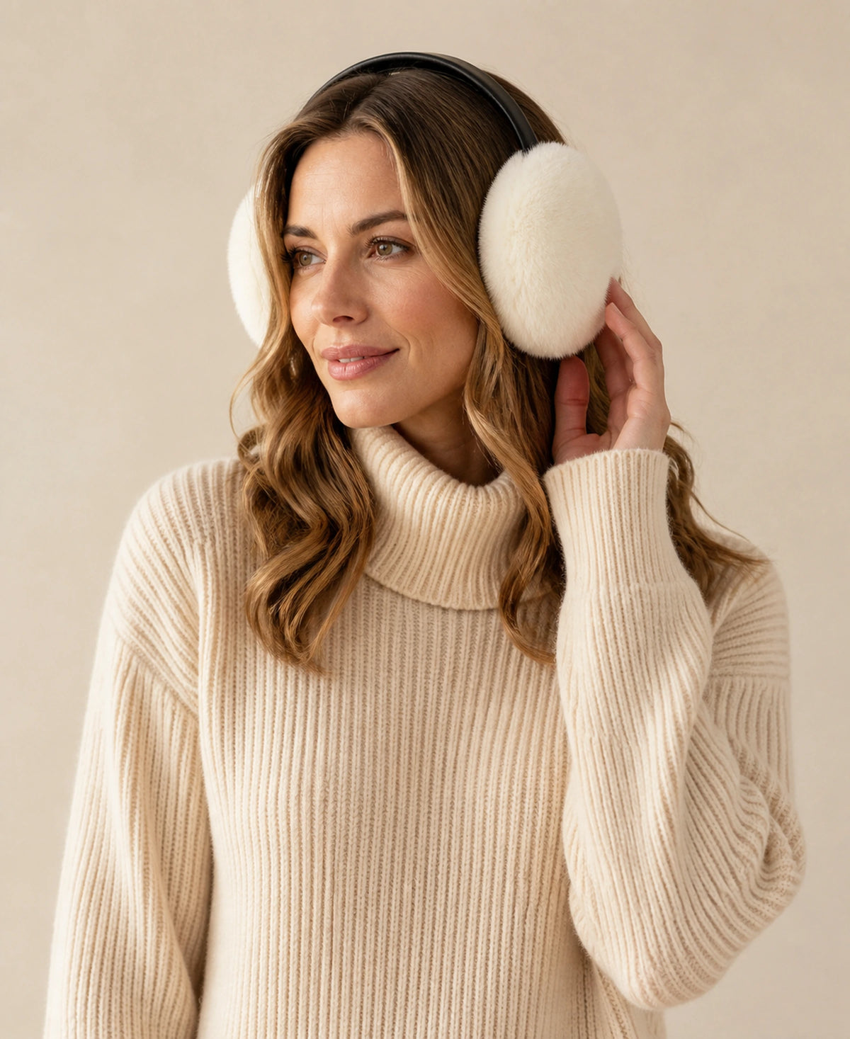 Women's Genuine Mink Fur Earmuffs - Leather Winter Ear Warmers – Color: Ivory White on-model lifestyle image