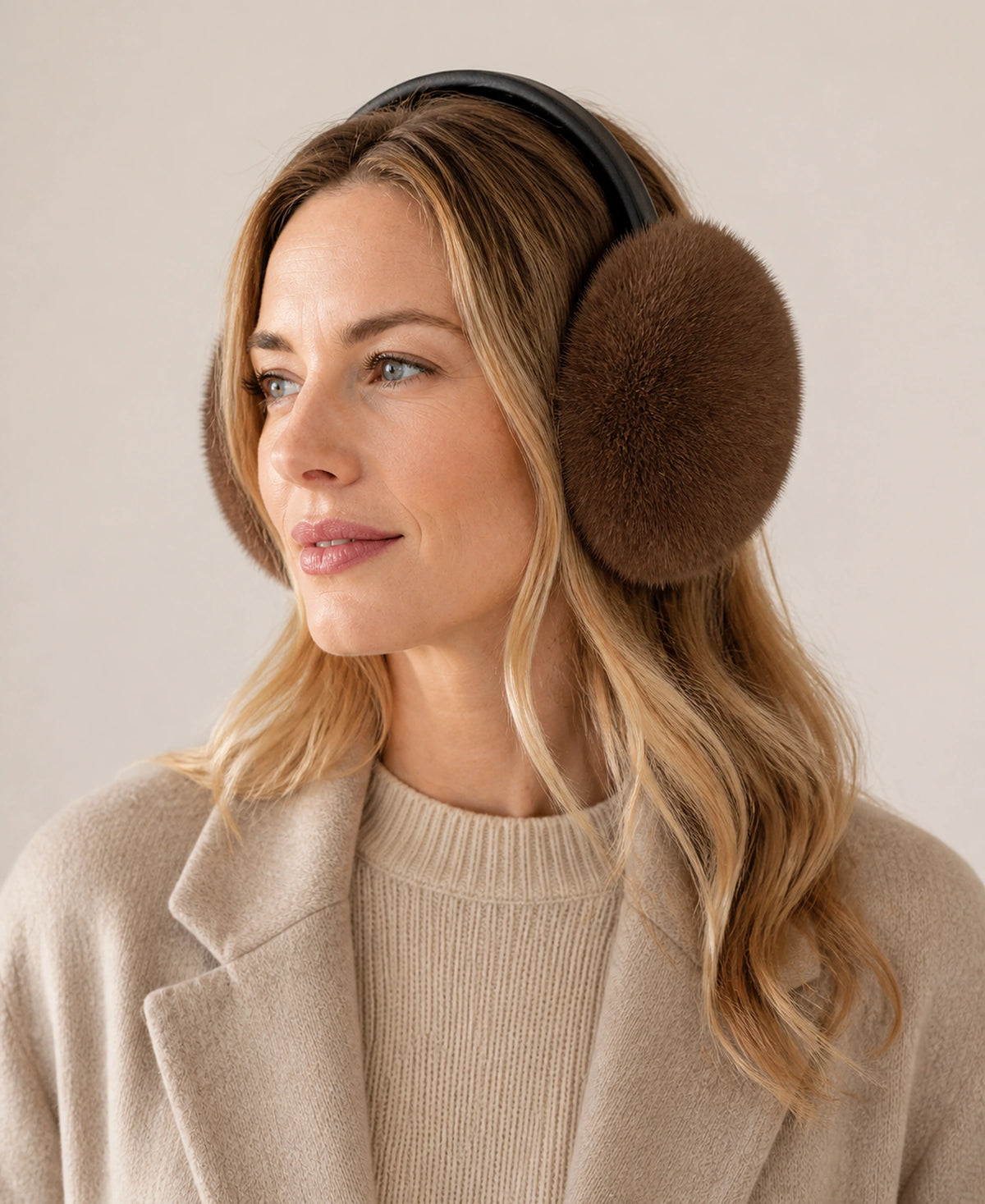 Women's Genuine Mink Fur Earmuffs - Leather Winter Ear Warmers – Color: Mocha Brown on-model lifestyle image