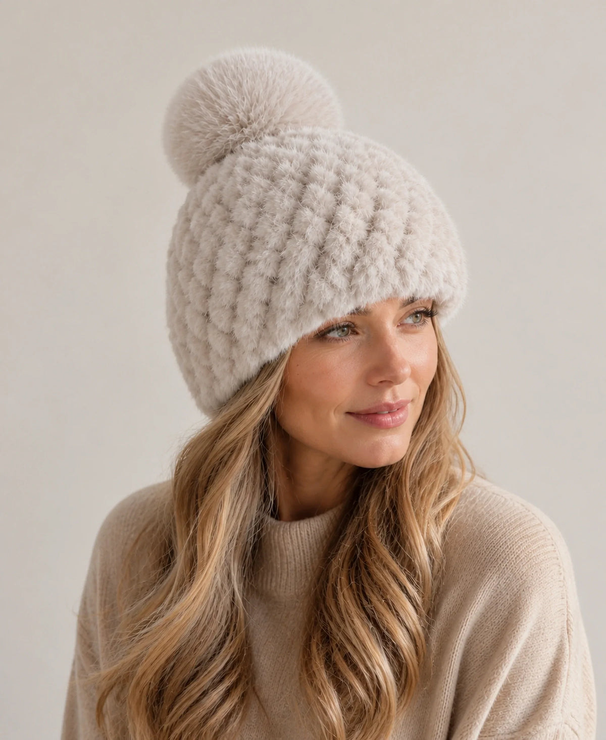 Women's Genuine Mink Fur Knit Beanie - Fox Fur Pom-Pom – Color: Cross Mink on-model lifestyle image