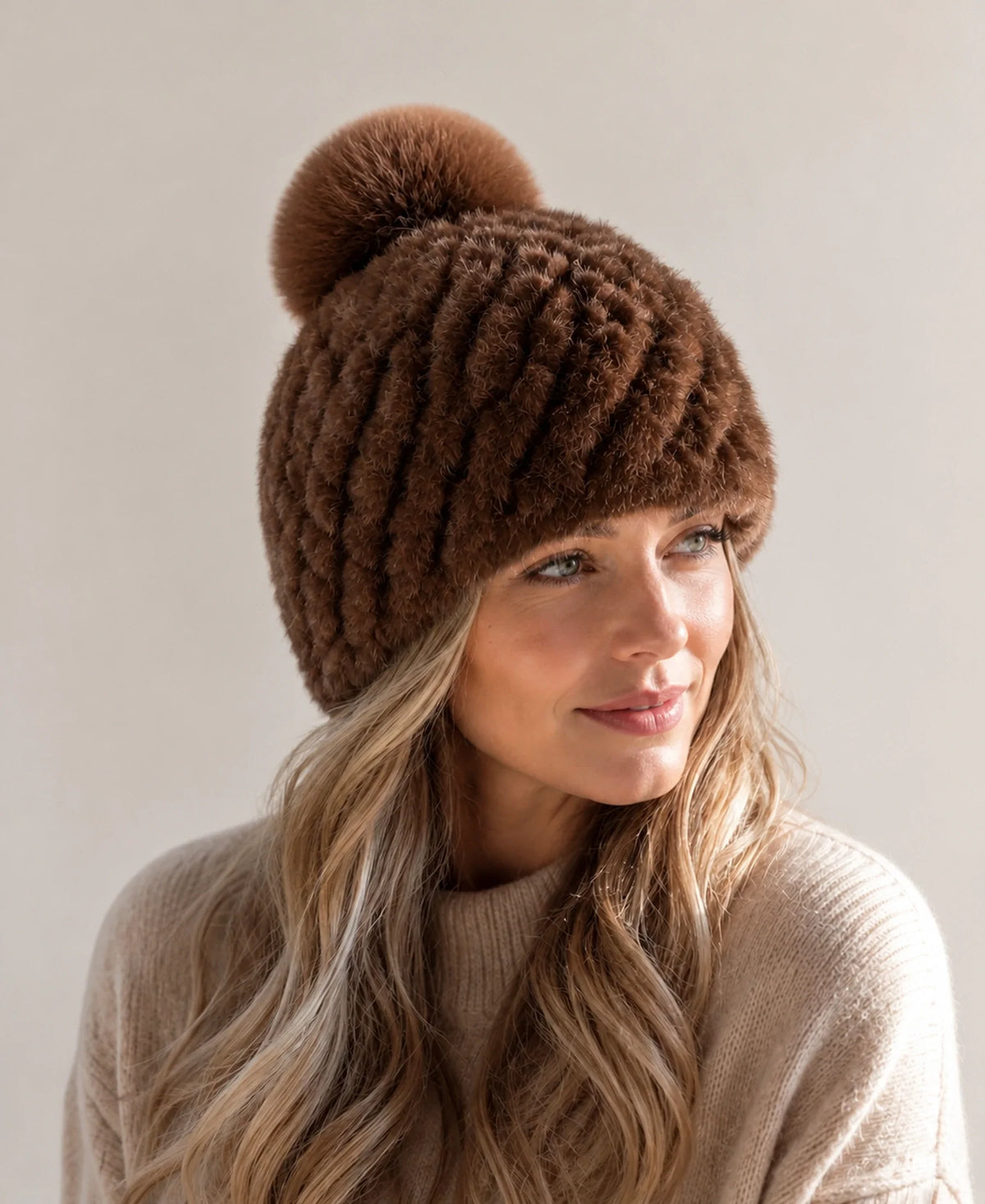 Women's Genuine Mink Fur Knit Beanie - Fox Fur Pom-Pom – Color: Dark Brown on-model lifestyle image