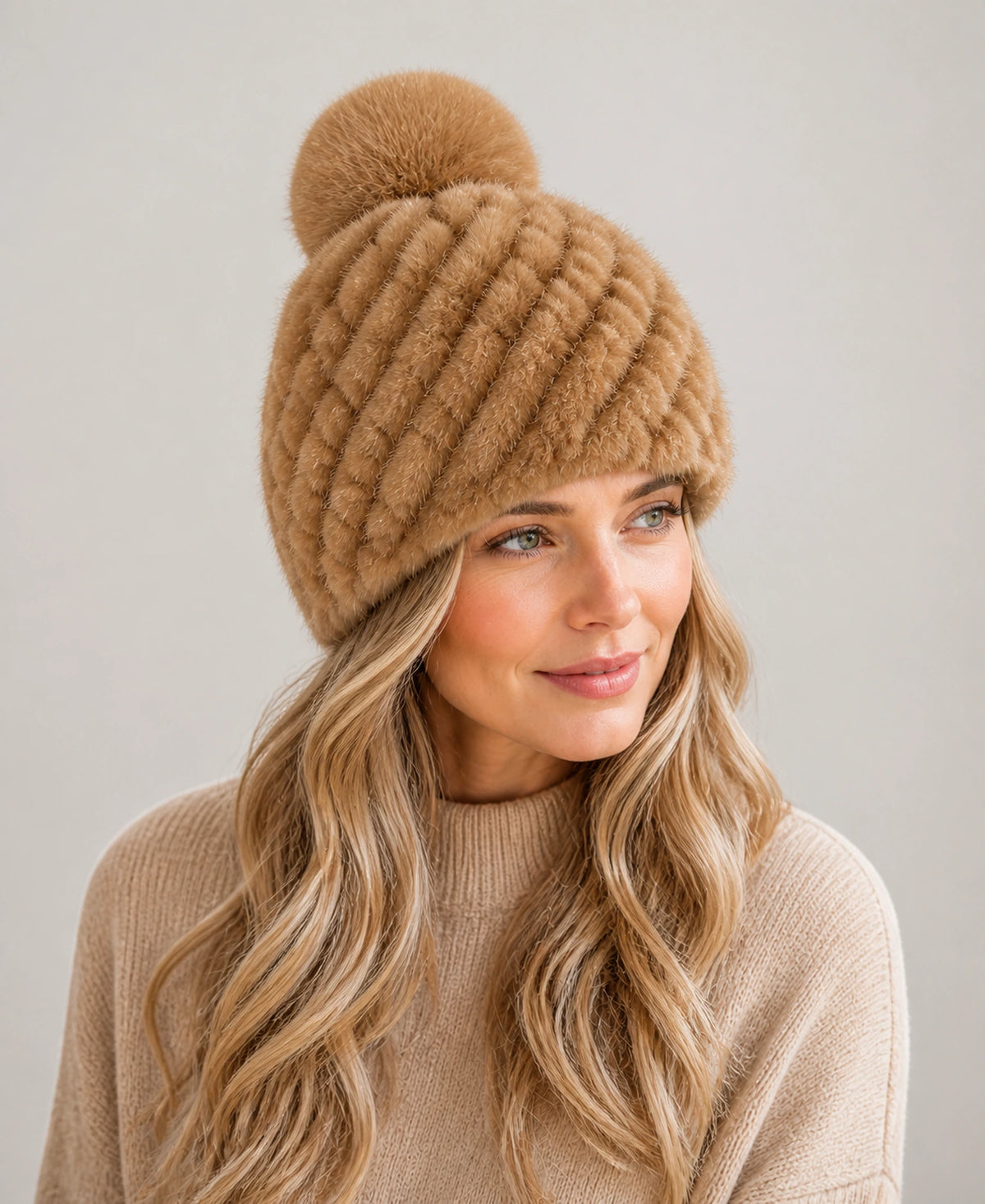 Women's Genuine Mink Fur Knit Beanie - Fox Fur Pom-Pom – Color: Light Natural Brown on-model lifestyle image