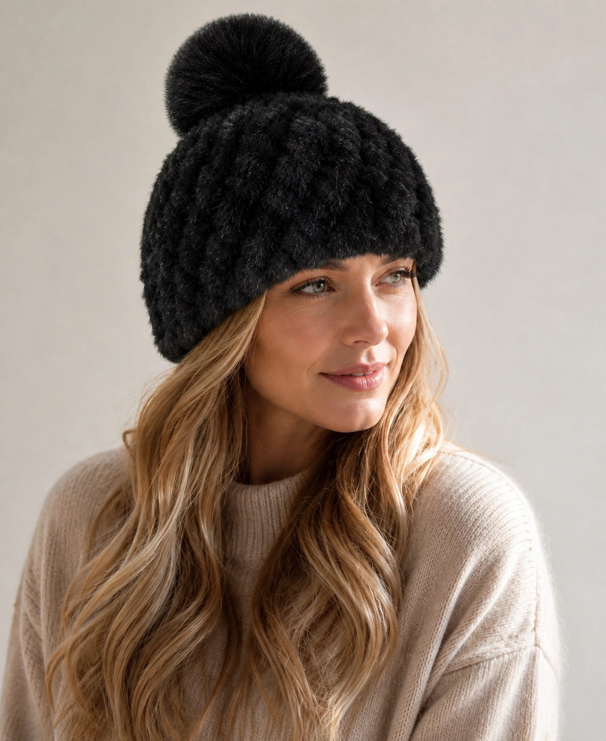 Women's Genuine Mink Fur Knit Beanie - Fox Fur Pom-Pom – Color: Natural Black on-model lifestyle image