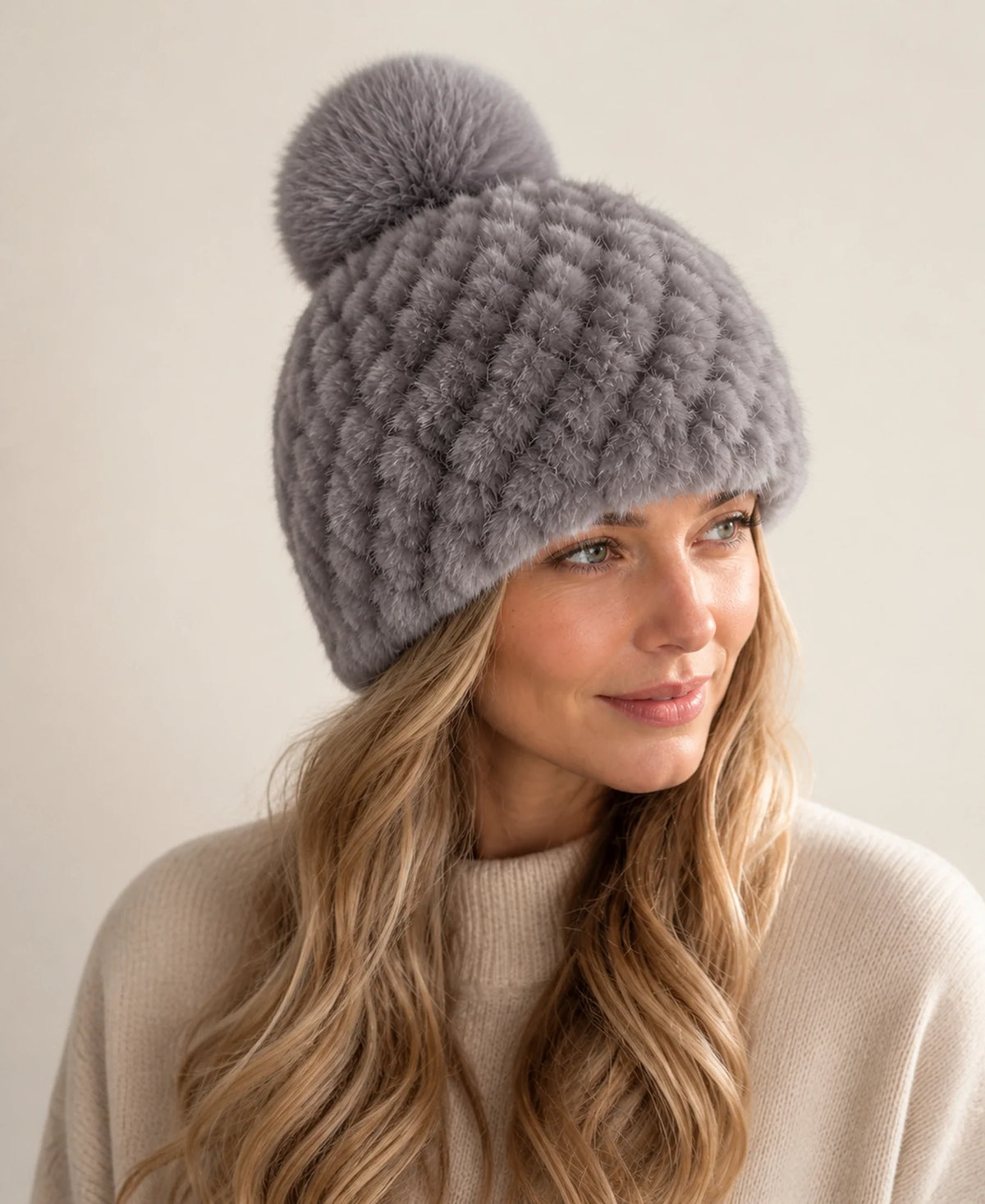 Women's Genuine Mink Fur Knit Beanie - Fox Fur Pom-Pom – Color: Silver Gray on-model lifestyle image