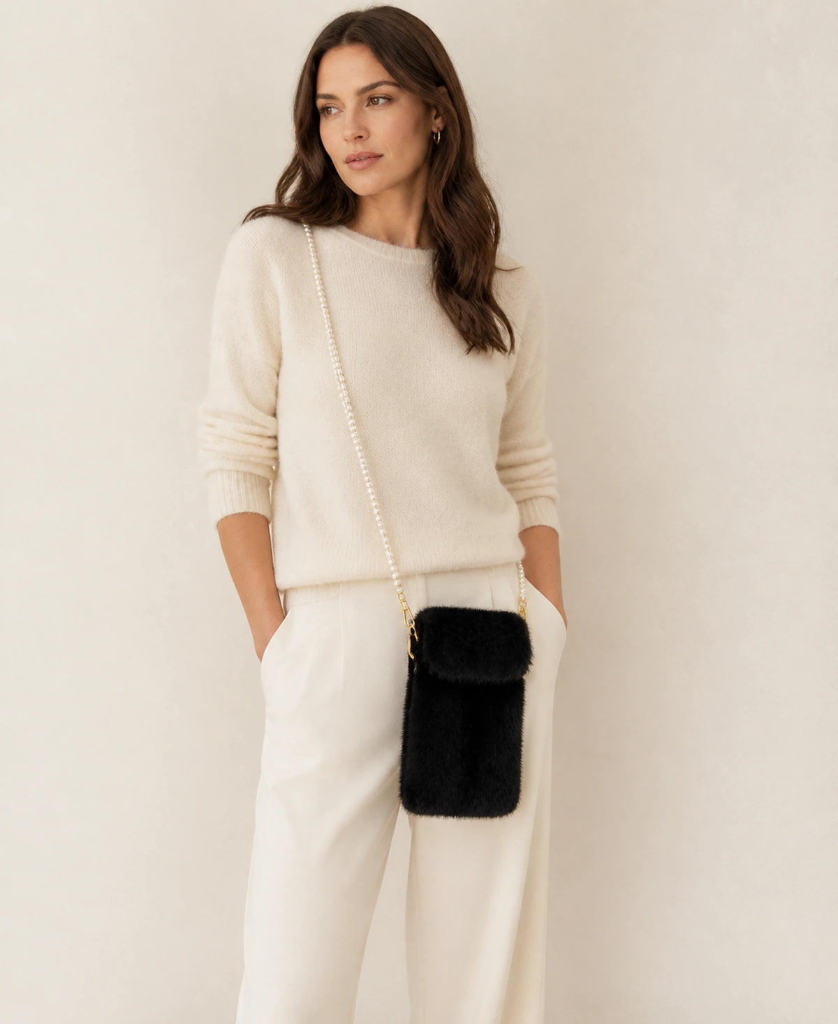 Women's Genuine Mink Fur Phone Crossbody Bag - Mini Pearl-Strap Pouch – Color: Natural Black on-model lifestyle image
