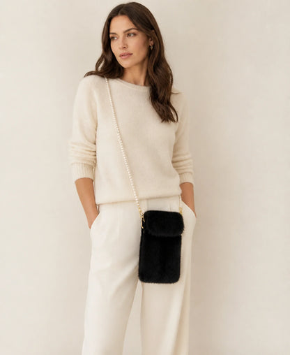 Women's Genuine Mink Fur Phone Crossbody Bag - Mini Pearl-Strap Pouch – Color: Natural Black on-model lifestyle image