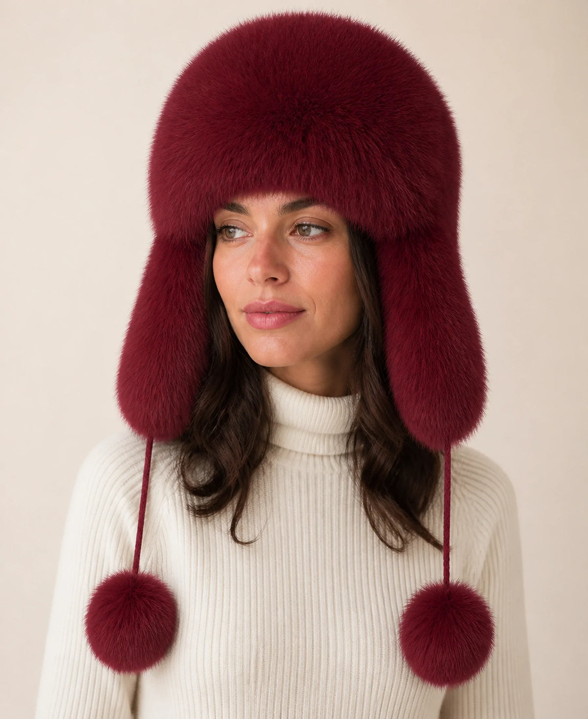 Women's Genuine Fox & Raccoon Fur Ushanka Hat – Color: Burgundy on-model lifestyle image
