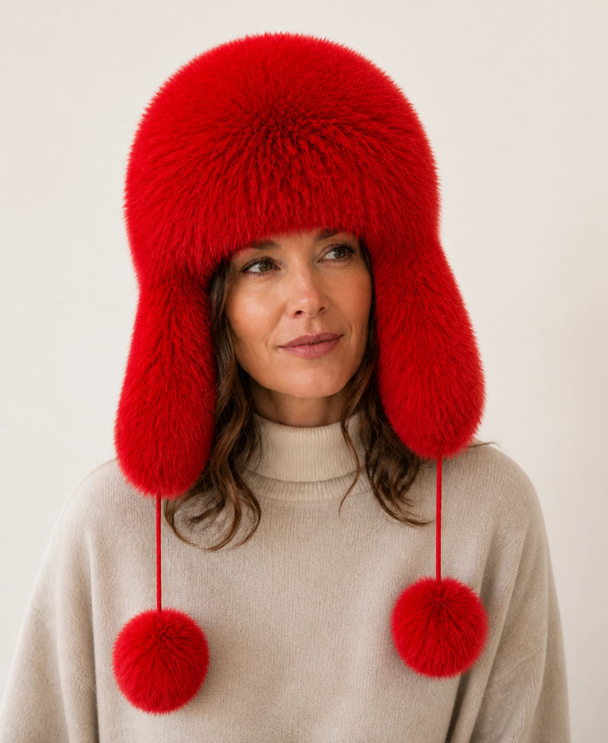 Women's Genuine Fox & Raccoon Fur Ushanka Hat – Color: Crimson Red on-model lifestyle image