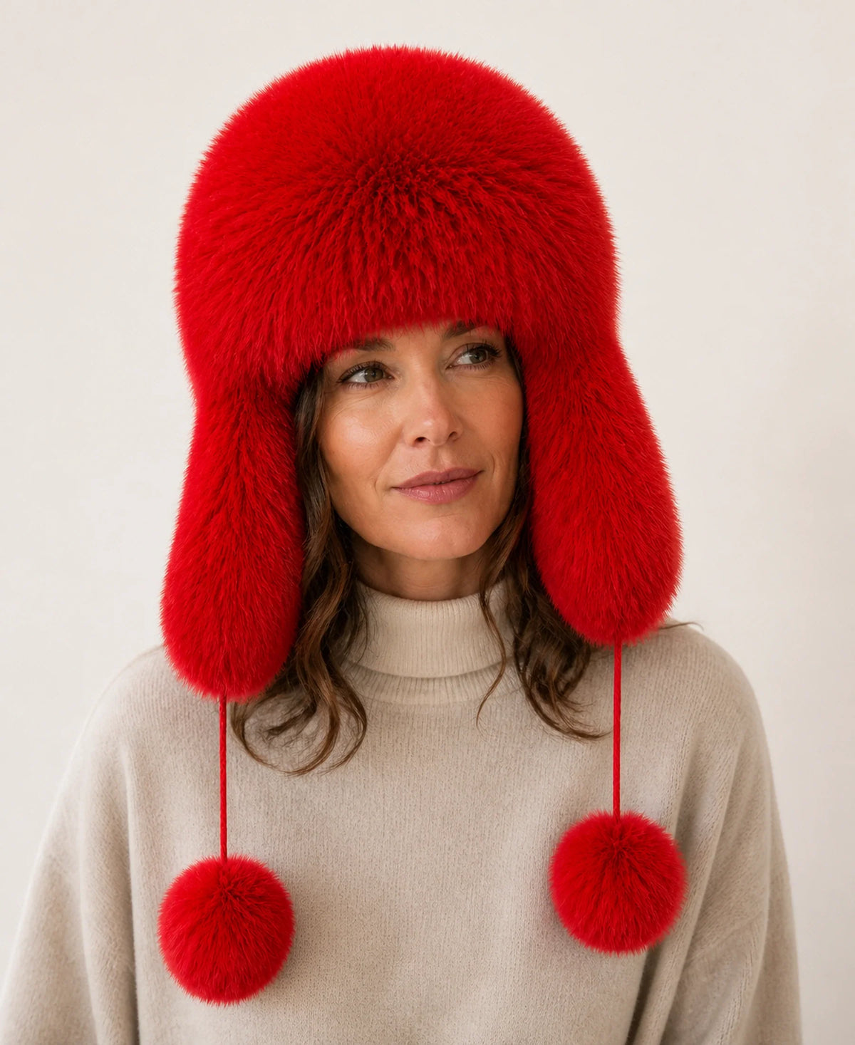 Women's Genuine Fox & Raccoon Fur Ushanka Hat – Color: Crimson Red on-model lifestyle image