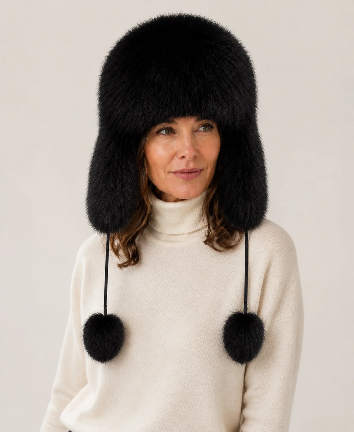 Women's Genuine Fox & Raccoon Fur Ushanka Hat – Color: Natural Black on-model lifestyle image