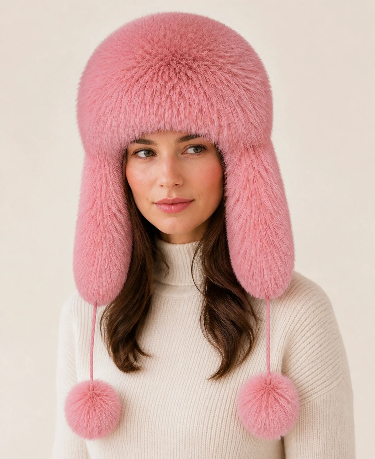 Women's Genuine Fox & Raccoon Fur Ushanka Hat – Color: Rose Pink on-model lifestyle image