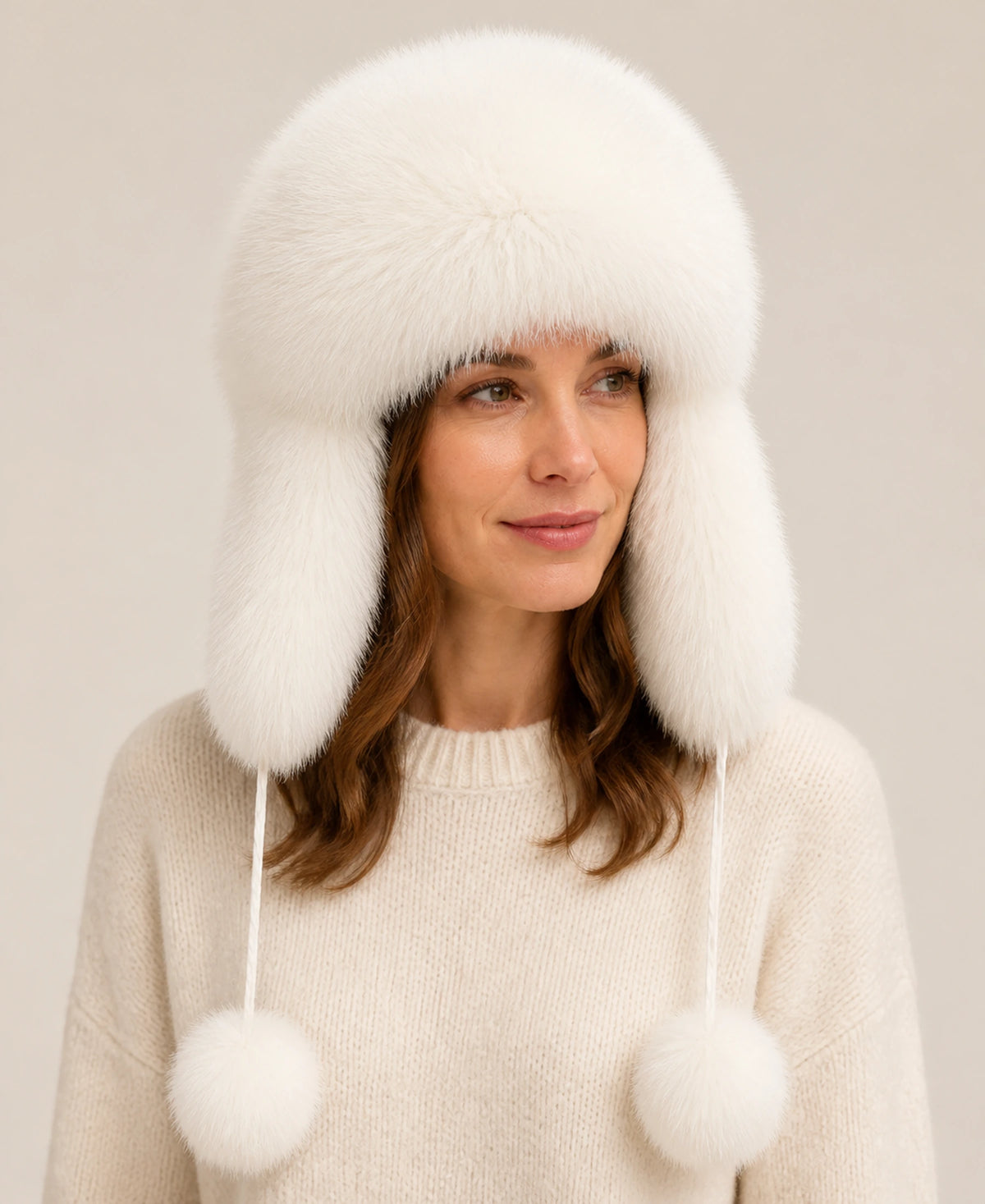 Women's Genuine Fox & Raccoon Fur Ushanka Hat – Color: Soft Ivory on-model lifestyle image