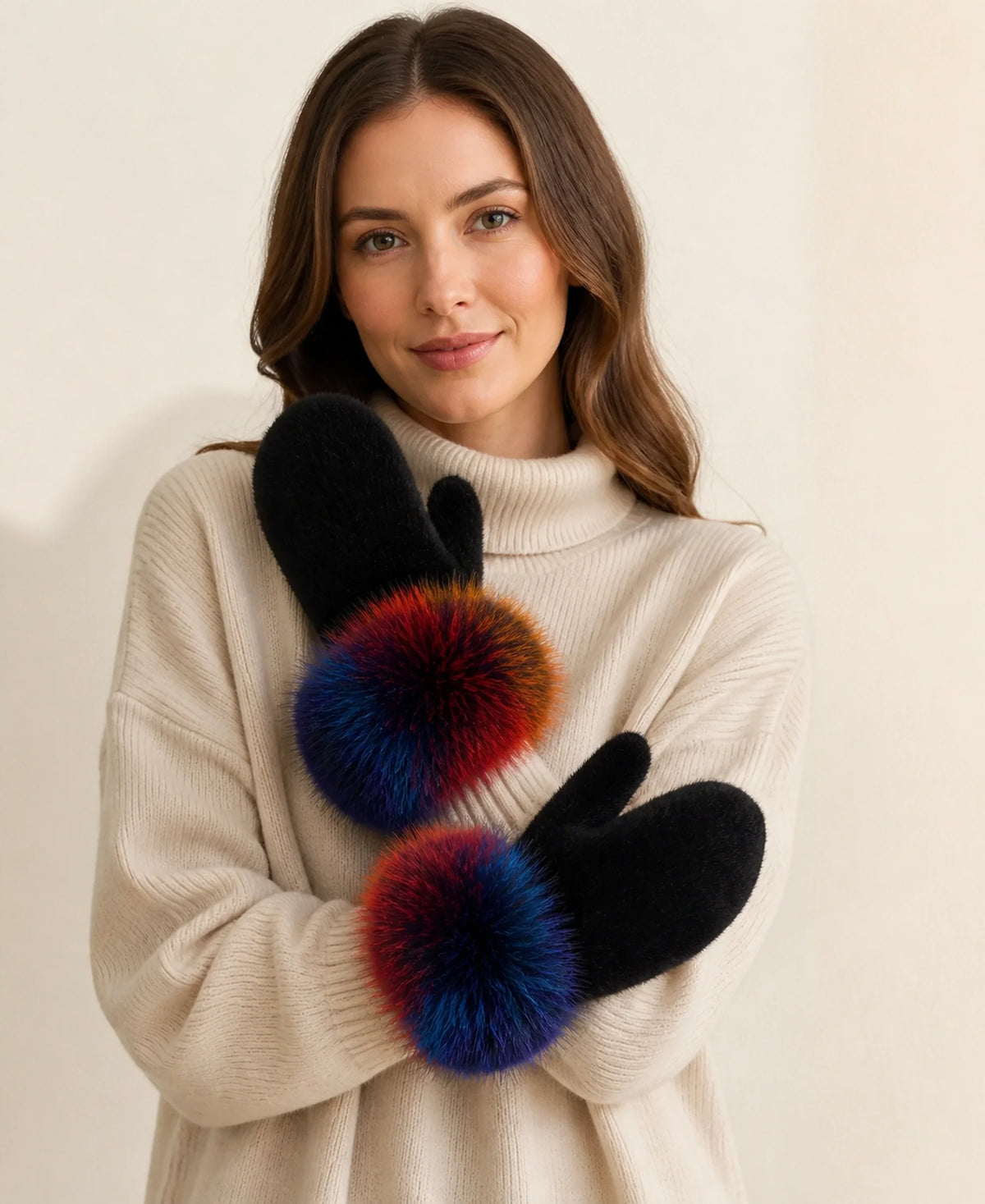 Genuine Mink Fur Mittens with Oversized Fox Fur Cuffs – Color: Black Rainbow Cuff on-model lifestyle image