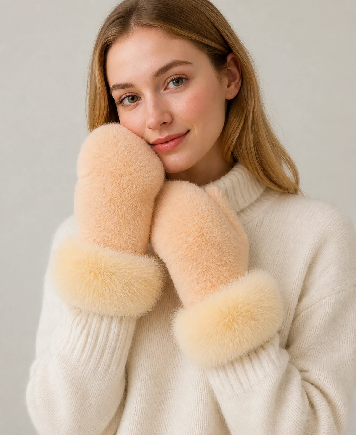Genuine Mink Fur Mittens with Oversized Fox Fur Cuffs – Color: Blush Pink on-model lifestyle image