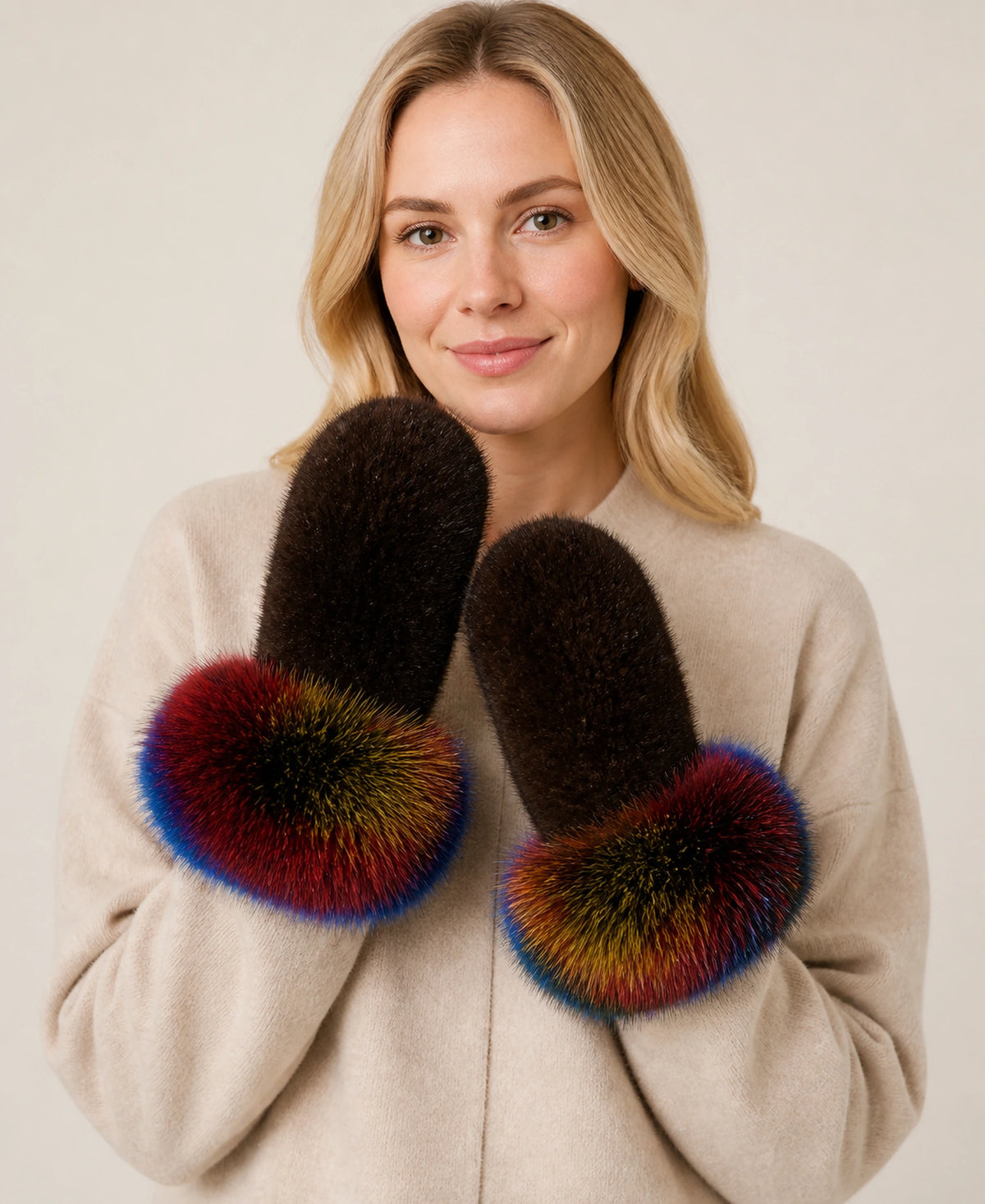 Genuine Mink Fur Mittens with Oversized Fox Fur Cuffs – Color: Brown Rainbow Cuff on-model lifestyle image