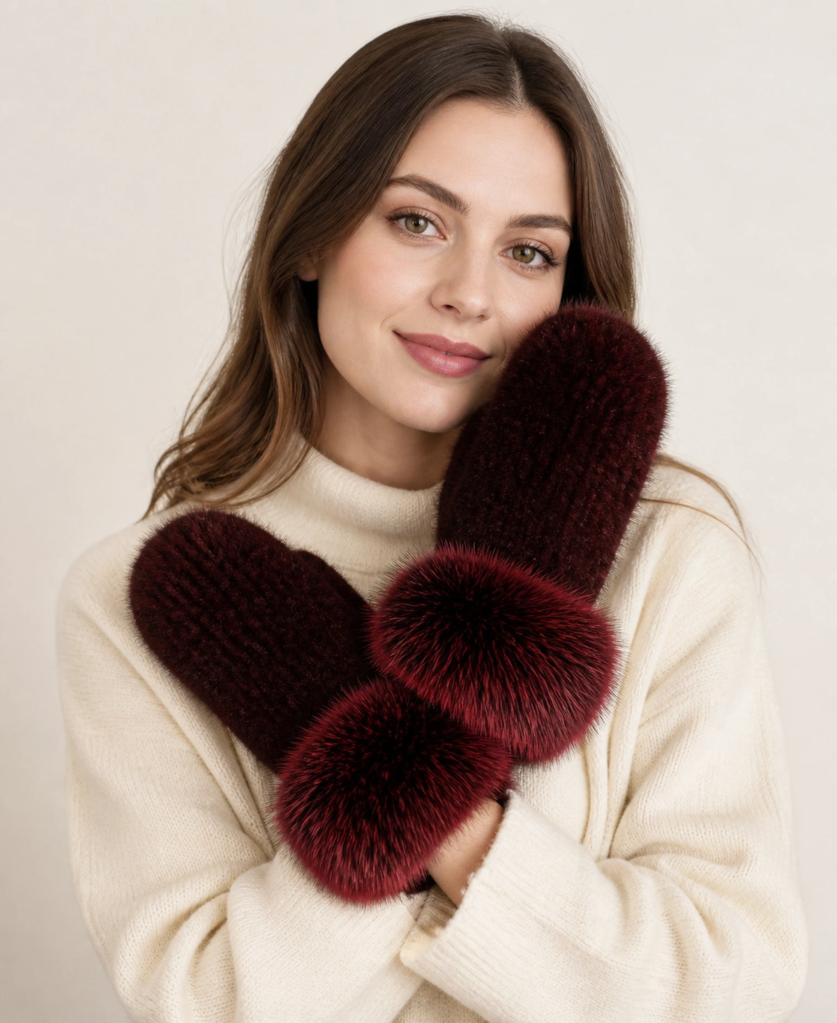 Genuine Mink Fur Mittens with Oversized Fox Fur Cuffs – Color: Burgundy Wine on-model lifestyle image