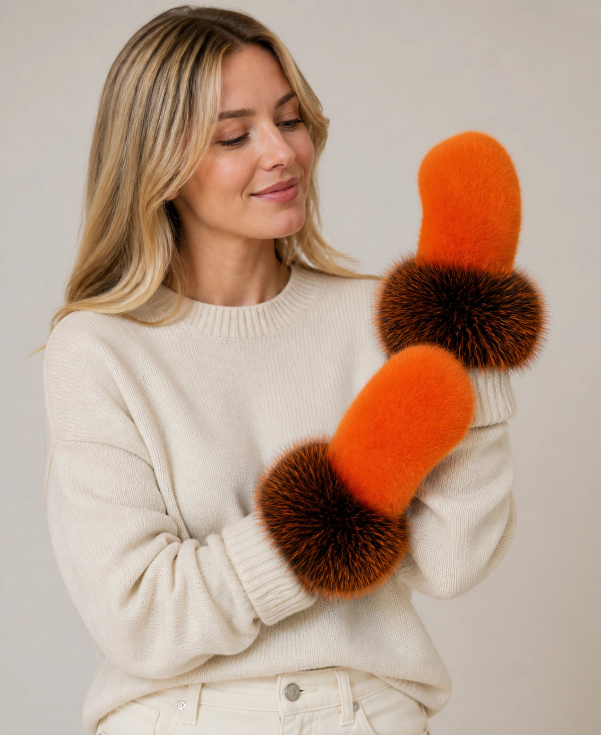 Genuine Mink Fur Mittens with Oversized Fox Fur Cuffs – Color: Burnt Orange on-model lifestyle image