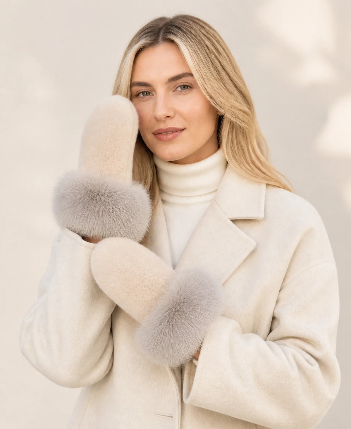 Genuine Mink Fur Mittens with Oversized Fox Fur Cuffs – Color: Khaki Beige on-model lifestyle image