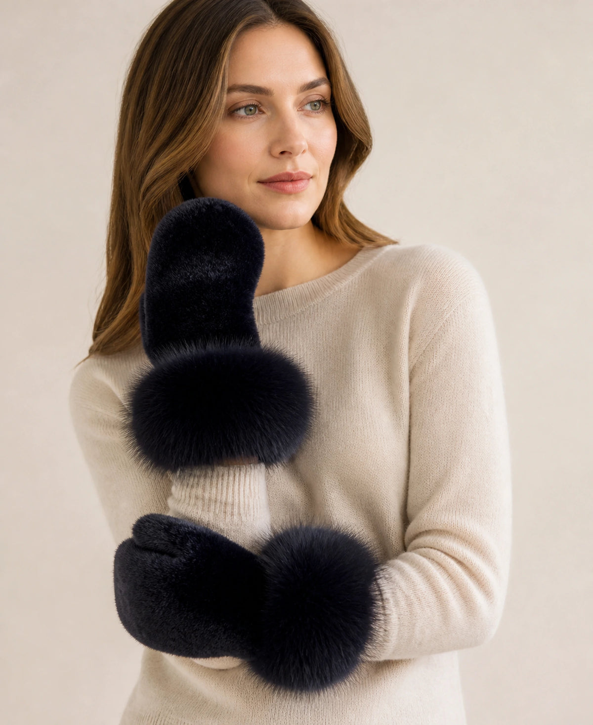 Genuine Mink Fur Mittens with Oversized Fox Fur Cuffs – Color: Midnight Black on-model lifestyle image