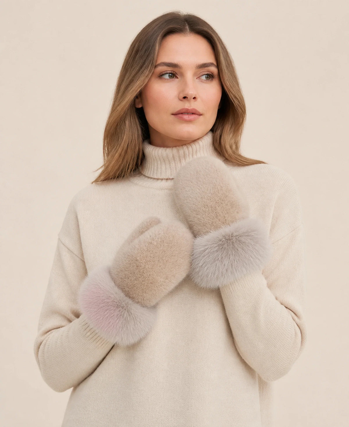 Genuine Mink Fur Mittens with Oversized Fox Fur Cuffs – Color: Milk Ash Gray on-model lifestyle image