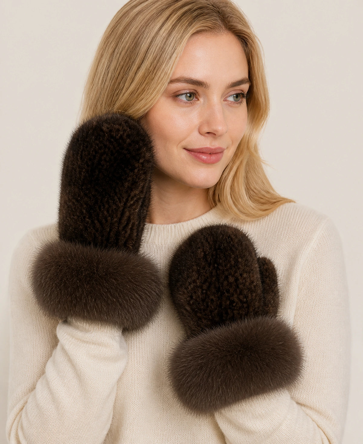Genuine Mink Fur Mittens with Oversized Fox Fur Cuffs – Color: Mocha Brown on-model lifestyle image