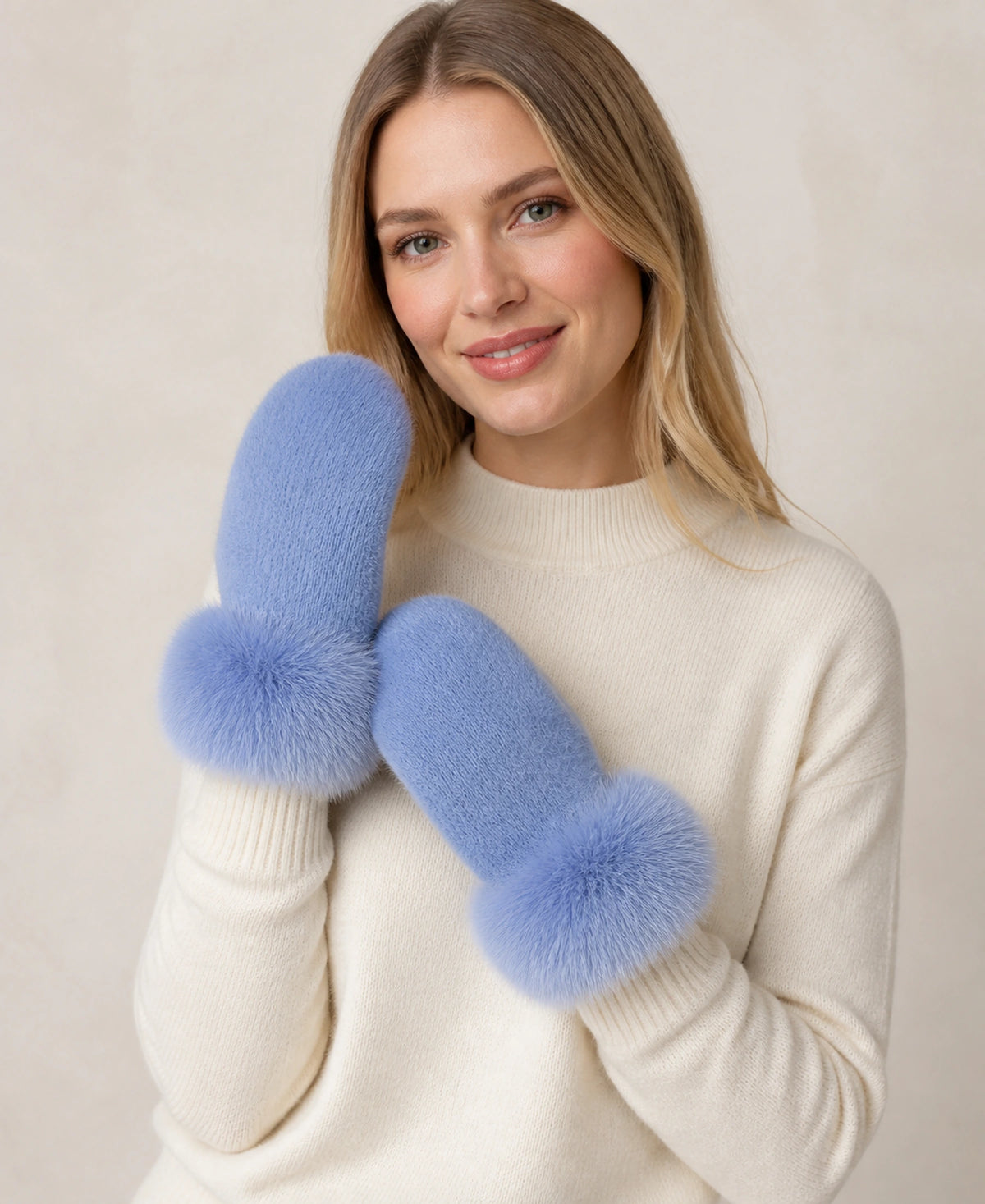 Genuine Mink Fur Mittens with Oversized Fox Fur Cuffs – Color: Powder Blue on-model lifestyle image