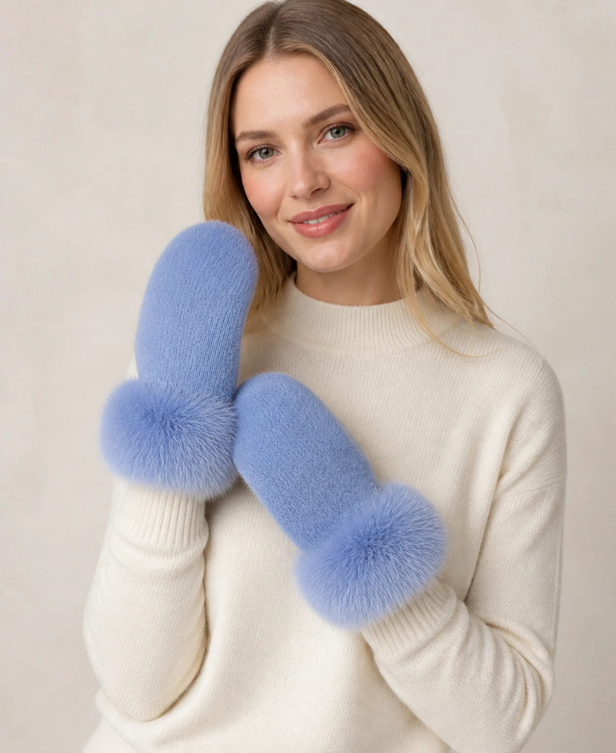 Genuine Mink Fur Mittens with Oversized Fox Fur Cuffs – Color: Powder Blue on-model lifestyle image
