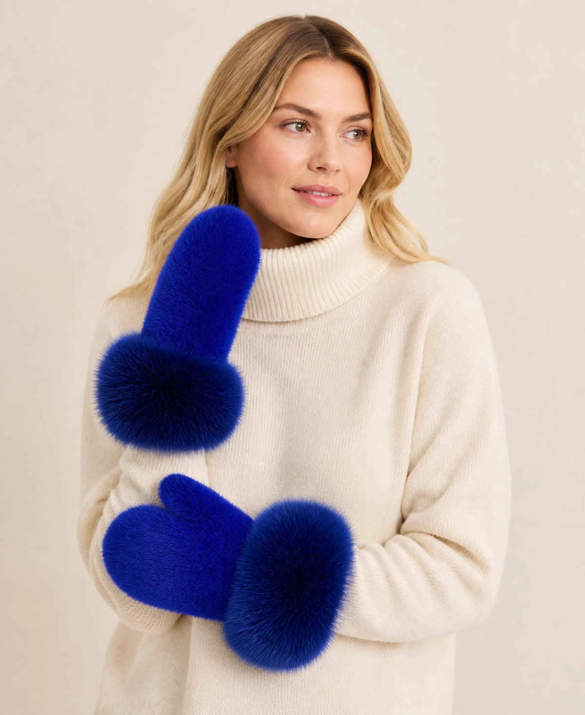 Genuine Mink Fur Mittens with Oversized Fox Fur Cuffs – Color: Royal Blue on-model lifestyle image
