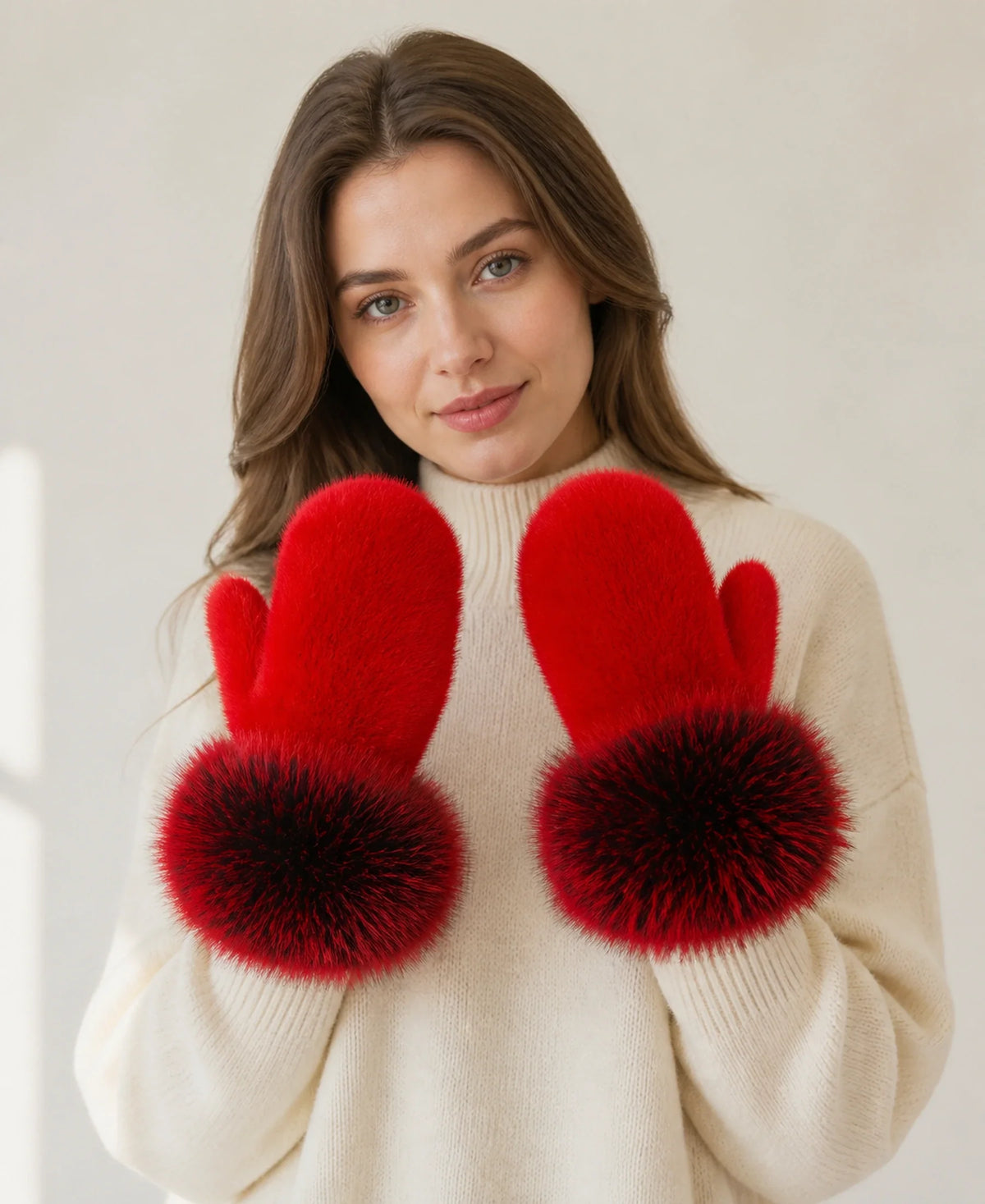 Genuine Mink Fur Mittens with Oversized Fox Fur Cuffs – Color: Scarlet Red on-model lifestyle image