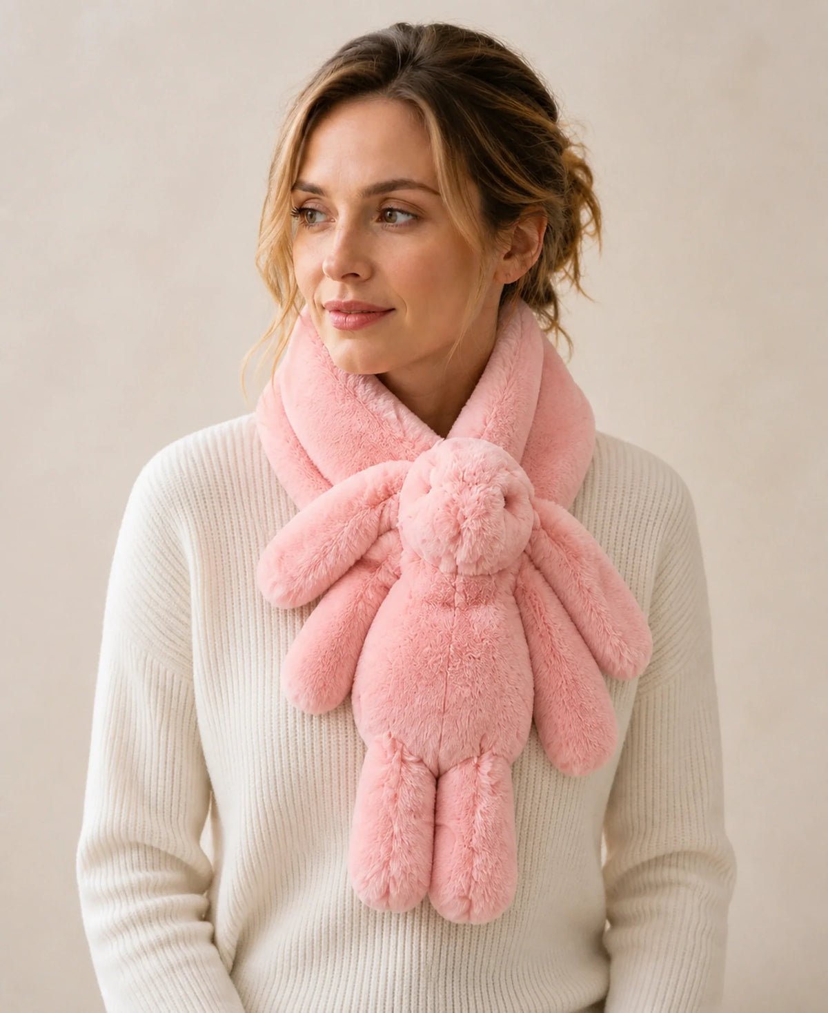 Women's Genuine Rex Rabbit Fur Bunny Scarf – Color: Blush Pink | Fur Finish: Double-Sided Fur on-model lifestyle image