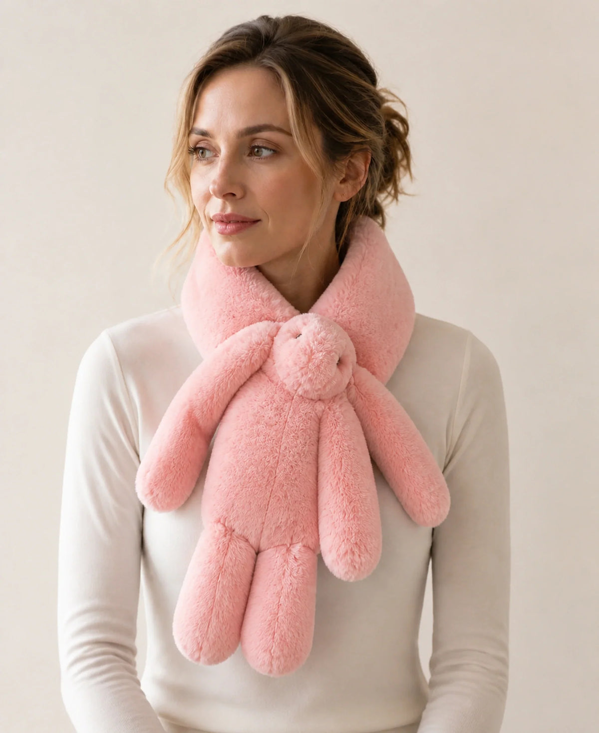 Women's Genuine Rex Rabbit Fur Bunny Scarf – Color: Blush Pink | Fur Finish: Single-Sided Fur on-model lifestyle image