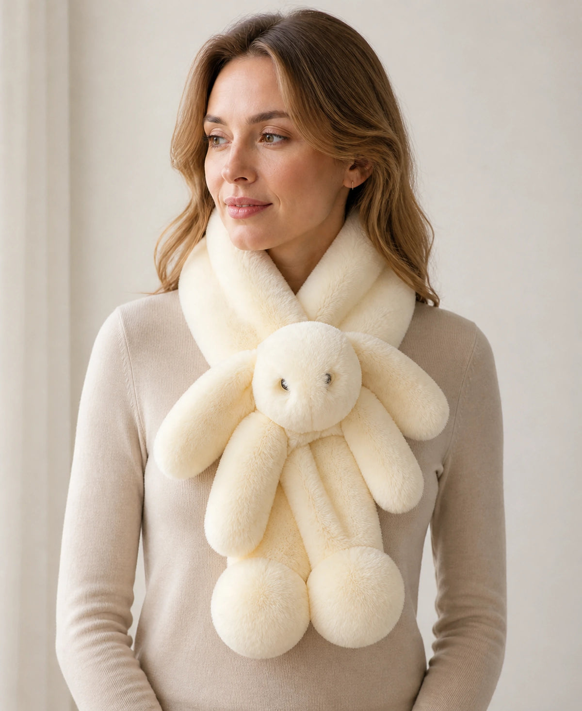 Women's Genuine Rex Rabbit Fur Bunny Scarf – Color: Ivory Beige | Fur Finish: Double-Sided Fur on-model lifestyle image