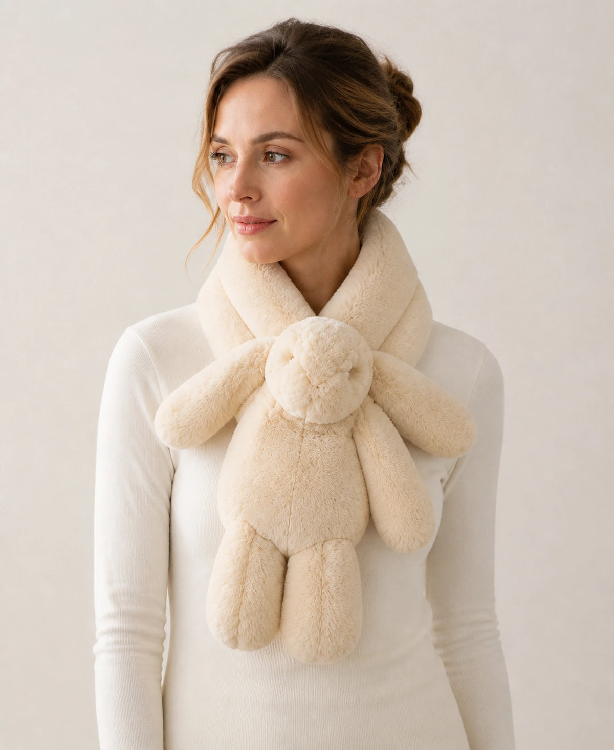 Women's Genuine Rex Rabbit Fur Bunny Scarf – Color: Ivory Beige | Fur Finish: Single-Sided Fur on-model lifestyle image