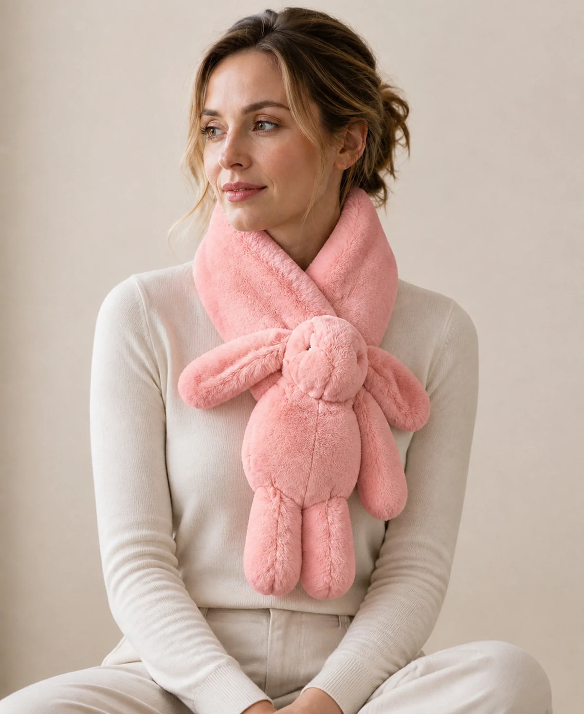Women's Genuine Rex Rabbit Fur Bunny Scarf – Color: Petal Pink | Fur Finish: Single-Sided Fur on-model lifestyle image