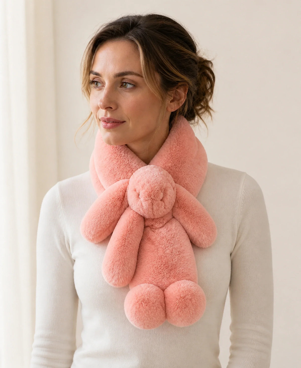 Women's Genuine Rex Rabbit Fur Bunny Scarf – Color: Rose Pink | Fur Finish: Double-Sided Fur on-model lifestyle image