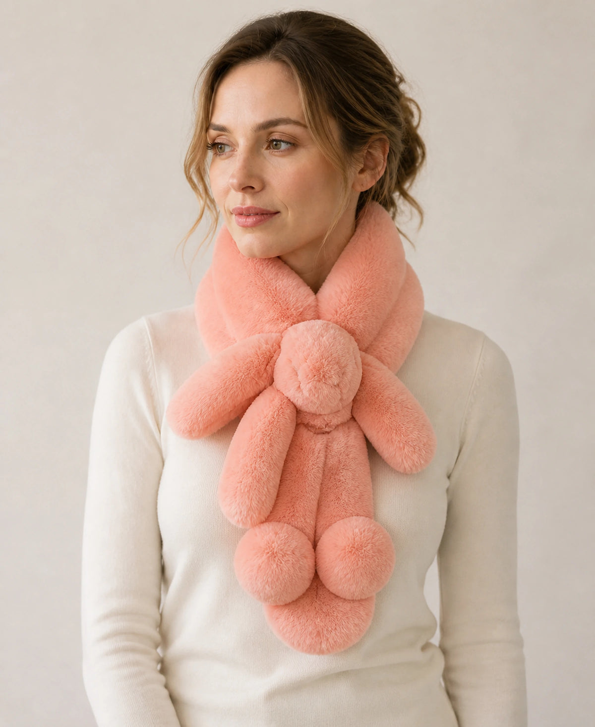 Women's Genuine Rex Rabbit Fur Bunny Scarf – Color: Rose Pink | Fur Finish: Single-Sided Fur on-model lifestyle image
