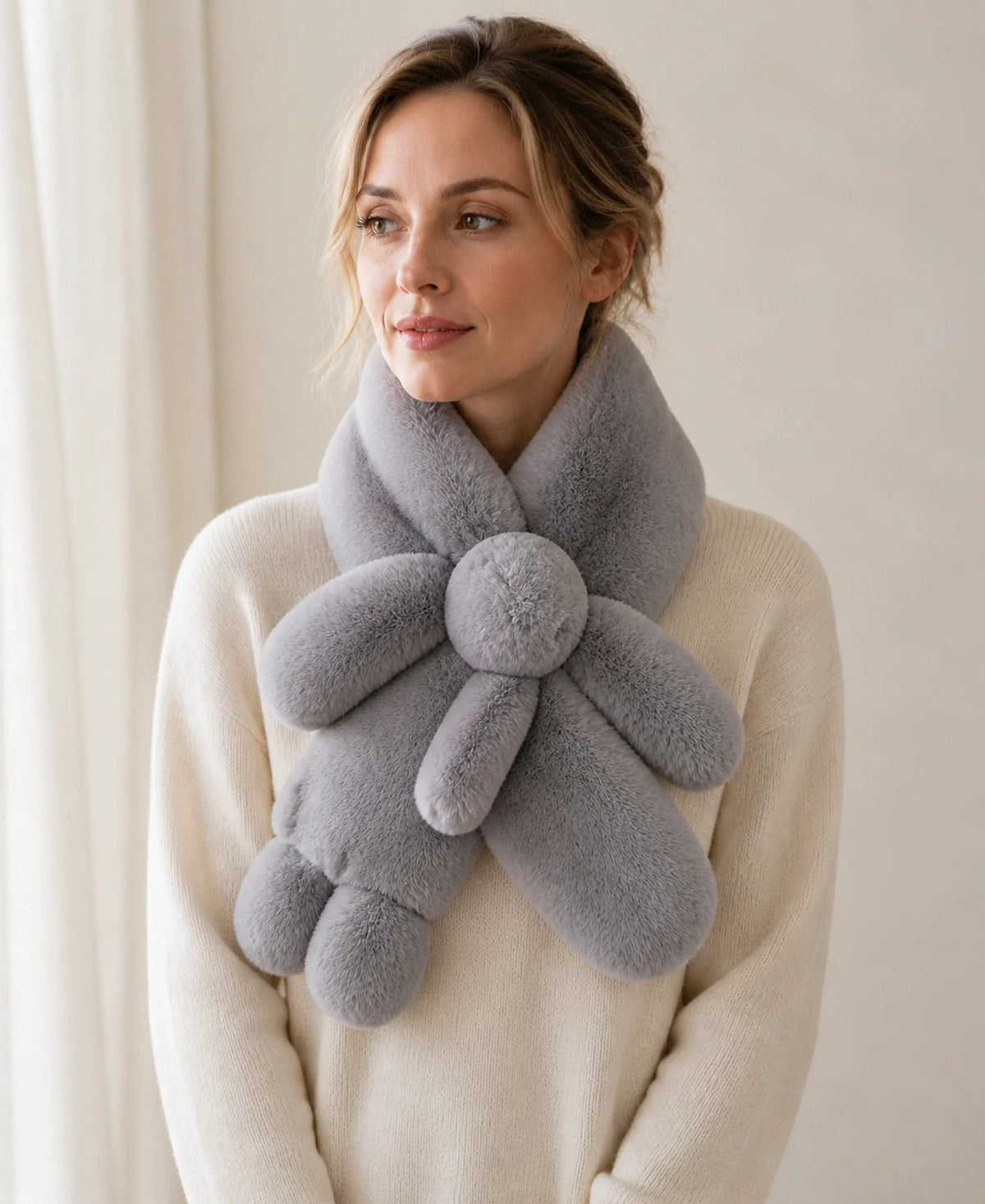 Women's Genuine Rex Rabbit Fur Bunny Scarf – Color: Silver Gray | Fur Finish: Double-Sided Fur on-model lifestyle image