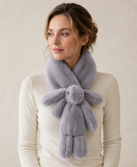 Women's Genuine Rex Rabbit Fur Bunny Scarf – Color: Silver Gray | Fur Finish: Single-Sided Fur on-model lifestyle image
