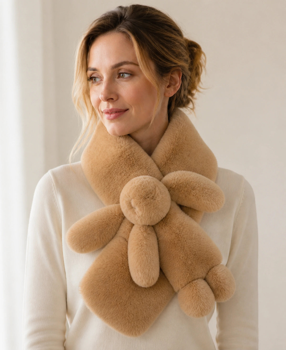 Women's Genuine Rex Rabbit Fur Bunny Scarf – Color: Taupe Khaki | Fur Finish: Double-Sided Fur on-model lifestyle image