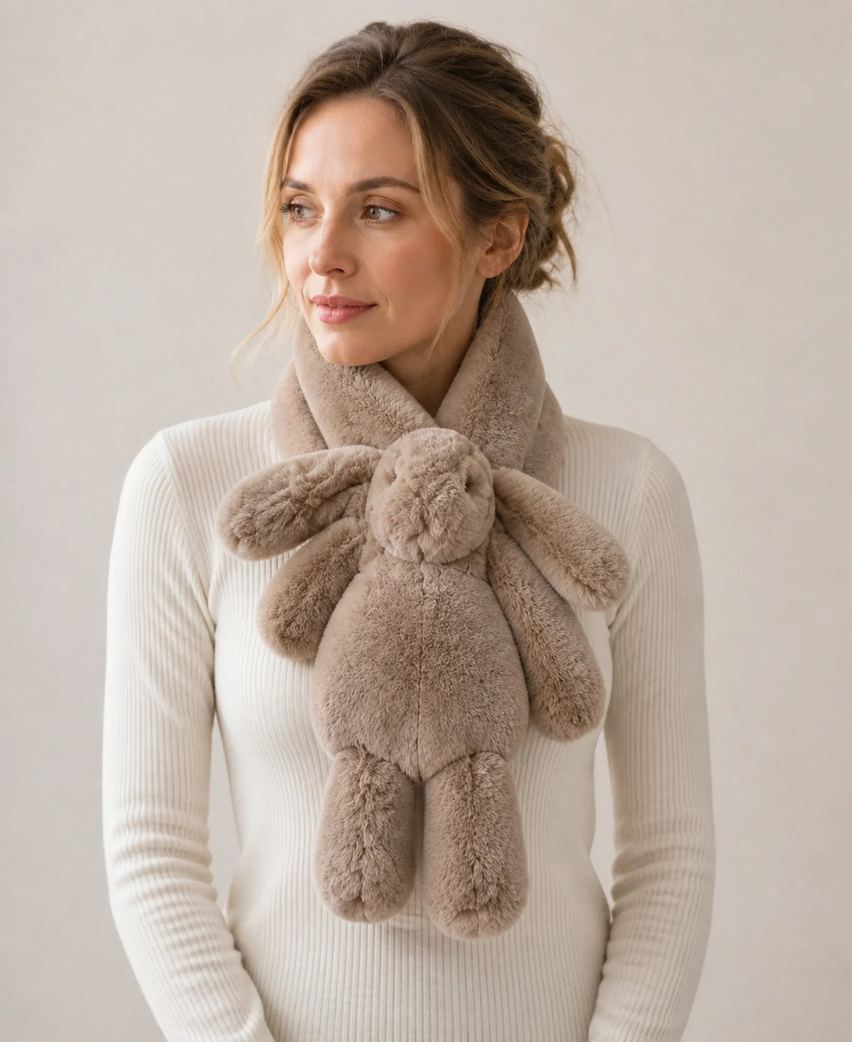 Women's Genuine Rex Rabbit Fur Bunny Scarf – Color: Taupe Khaki | Fur Finish: Single-Sided Fur on-model lifestyle image